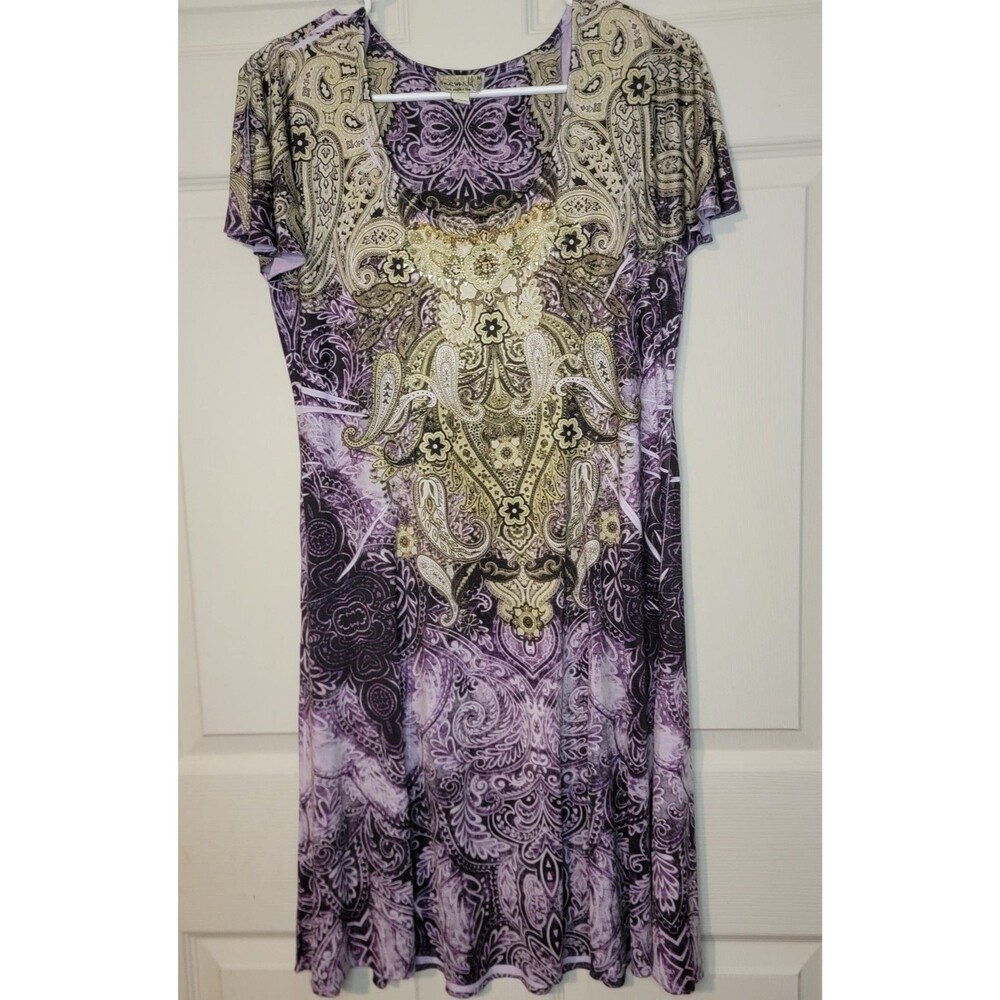 One World Purple,Green, Lavender , Trim Dress Short Sleeve Medium